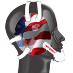 Wrestling headgear with American flag eagles stickers